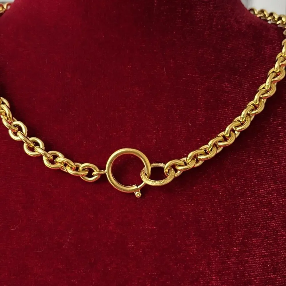 CHANEL Gold Plated CC Logos Round Charm Vintage Necklace Pendant
